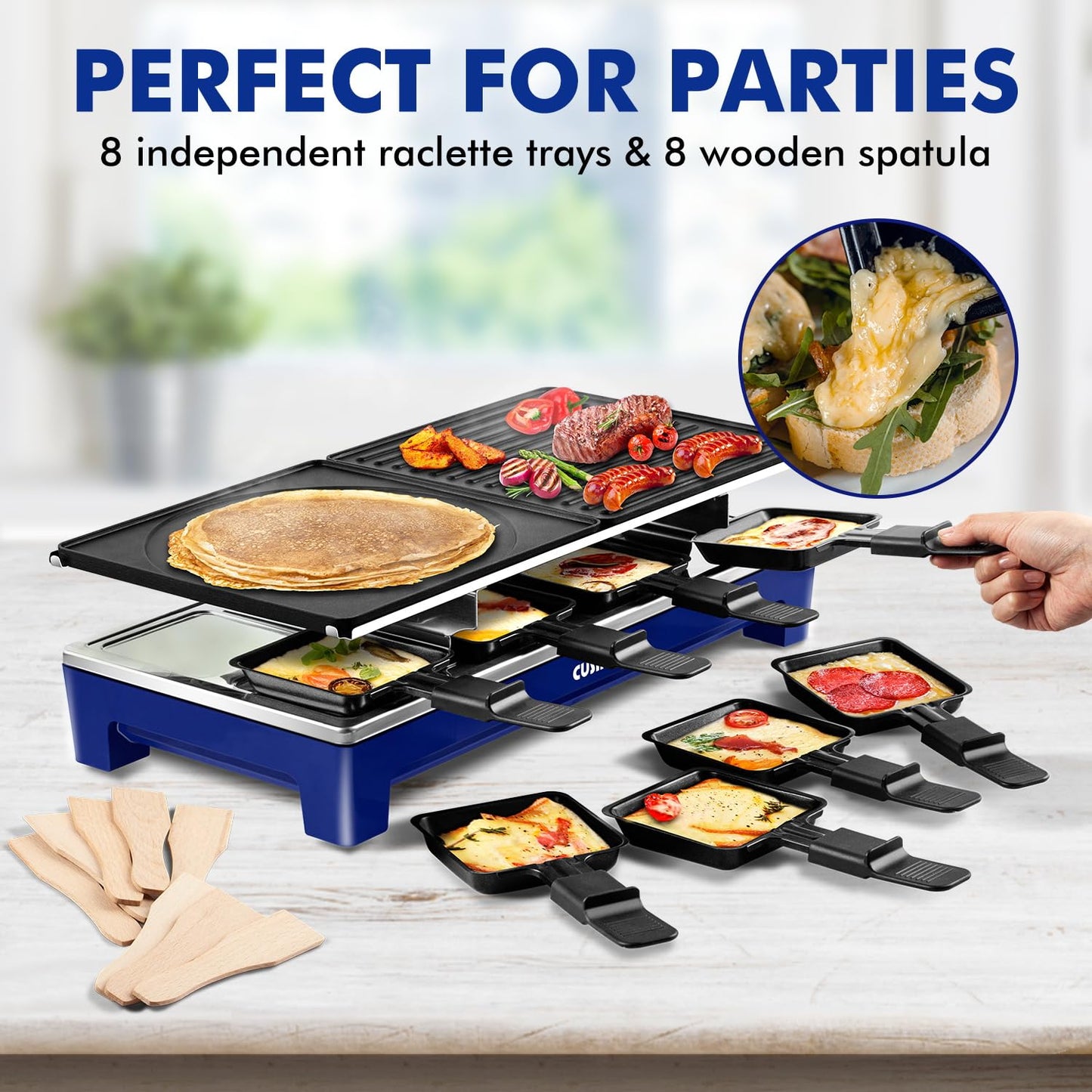 Raclette Double Grill Plates, Techwood Electric Table Indoor Grill Korean BBQ Grill, Removable 2-in-1 Non-Stick Grill Plate, 1500W Fast Heating with 8 Cheese Melt Pans, Ideal for Parties and Family Fun (Blue)
