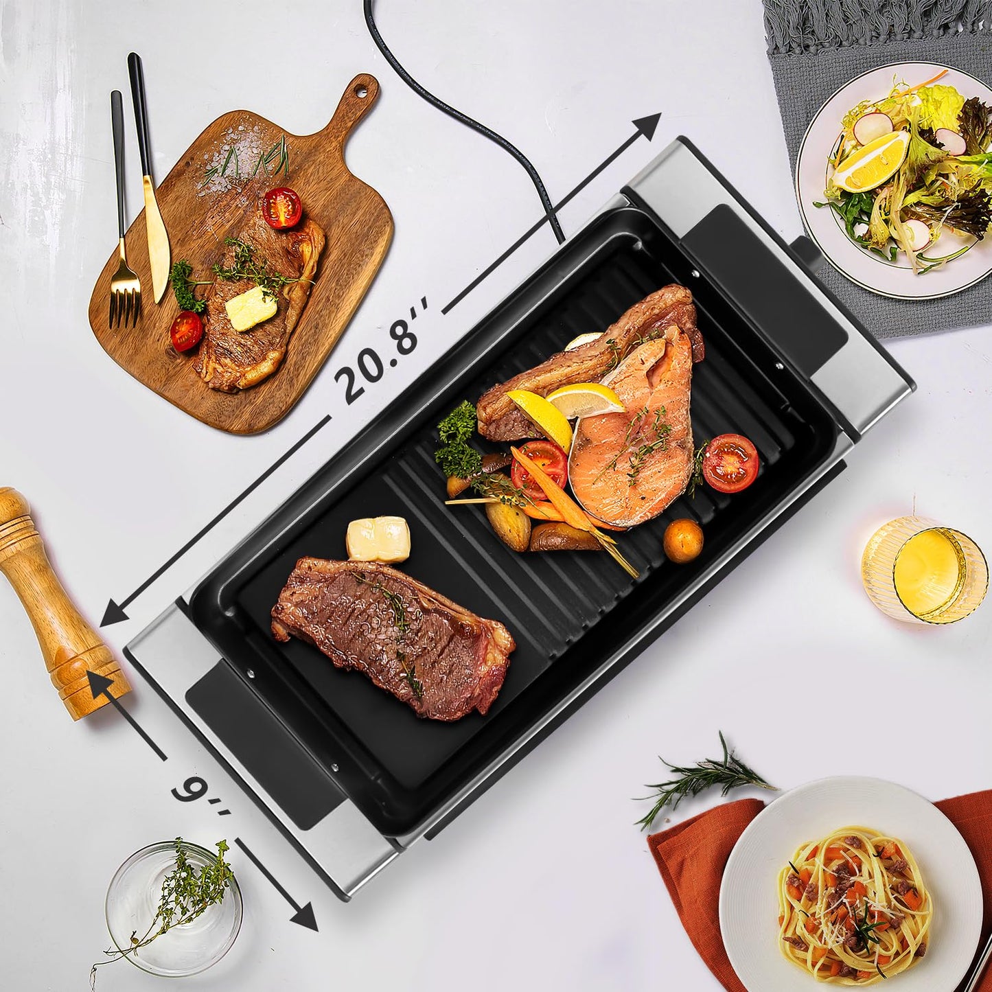 Techwood 1500W BBQ Grill with 5 Gear Temperature Adjustment & Metal Drip Tray, Handle, Removable Griddle and Grill Barbecue Plate for Party Cooking, Stainless Steel, Silver