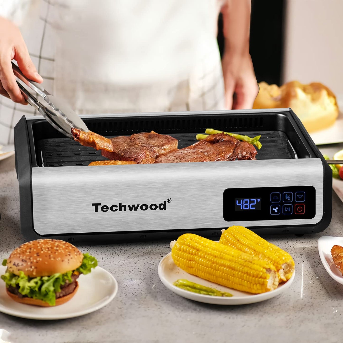 Techwood 1500W Indoor Smokeless Grill with 8 Level Control(Silver)
