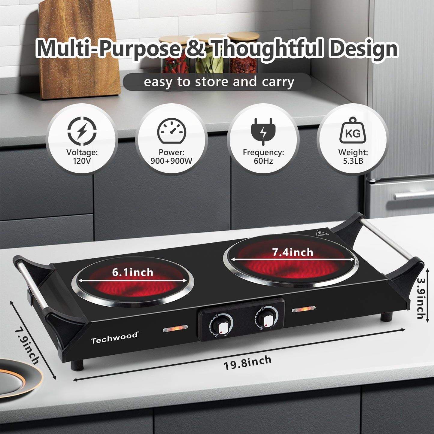 Techwood 1800W Dual Control Infrared Ceramic Electric Hot Plate with Anti-Scald Handle, Dual Electric Stove Burners, Techwood Electric Cooktop, Techwood Double Burner for Cooking(Black)
