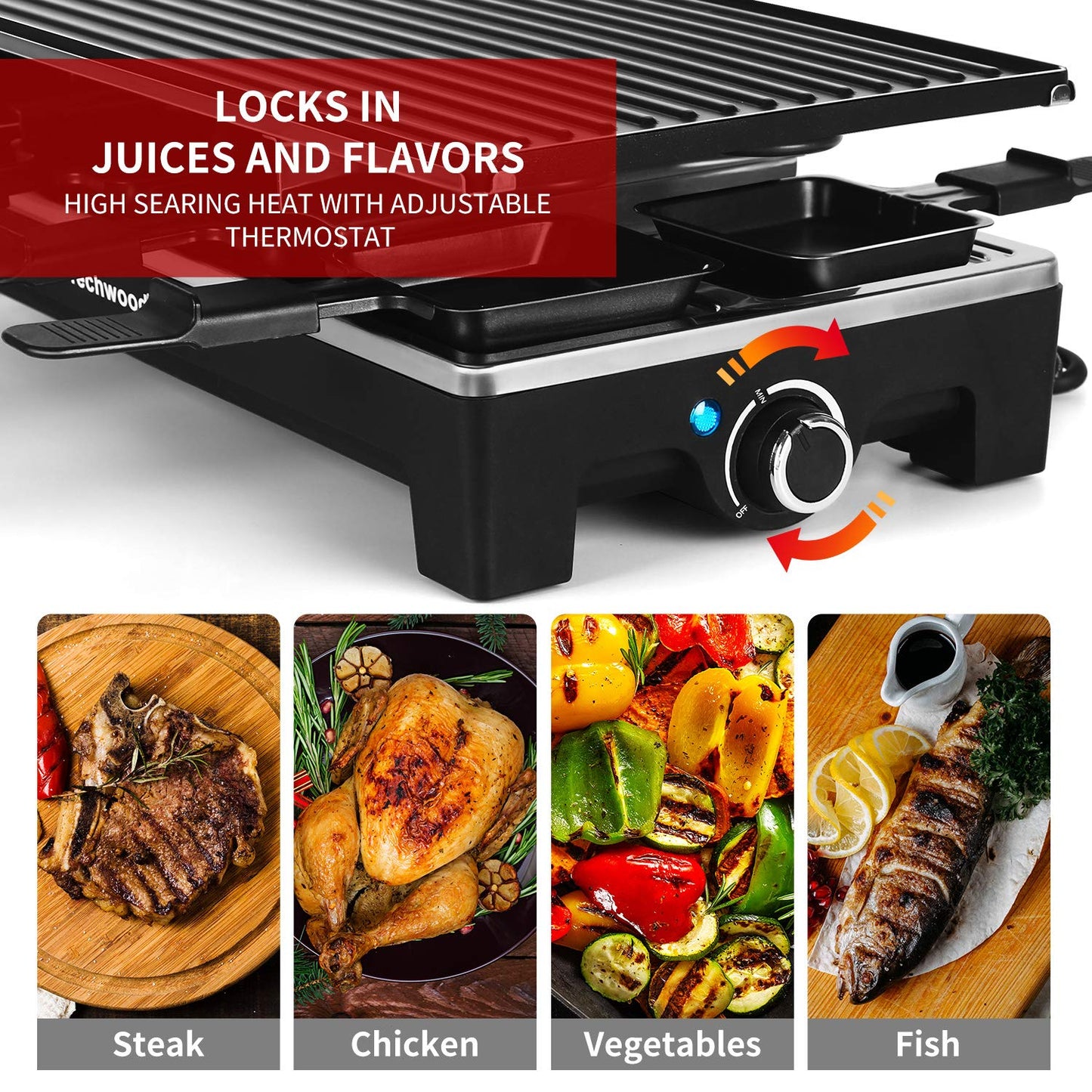 Techwood 1500W Indoor Table Grill with 8 Cheese Melting Pans(Black)