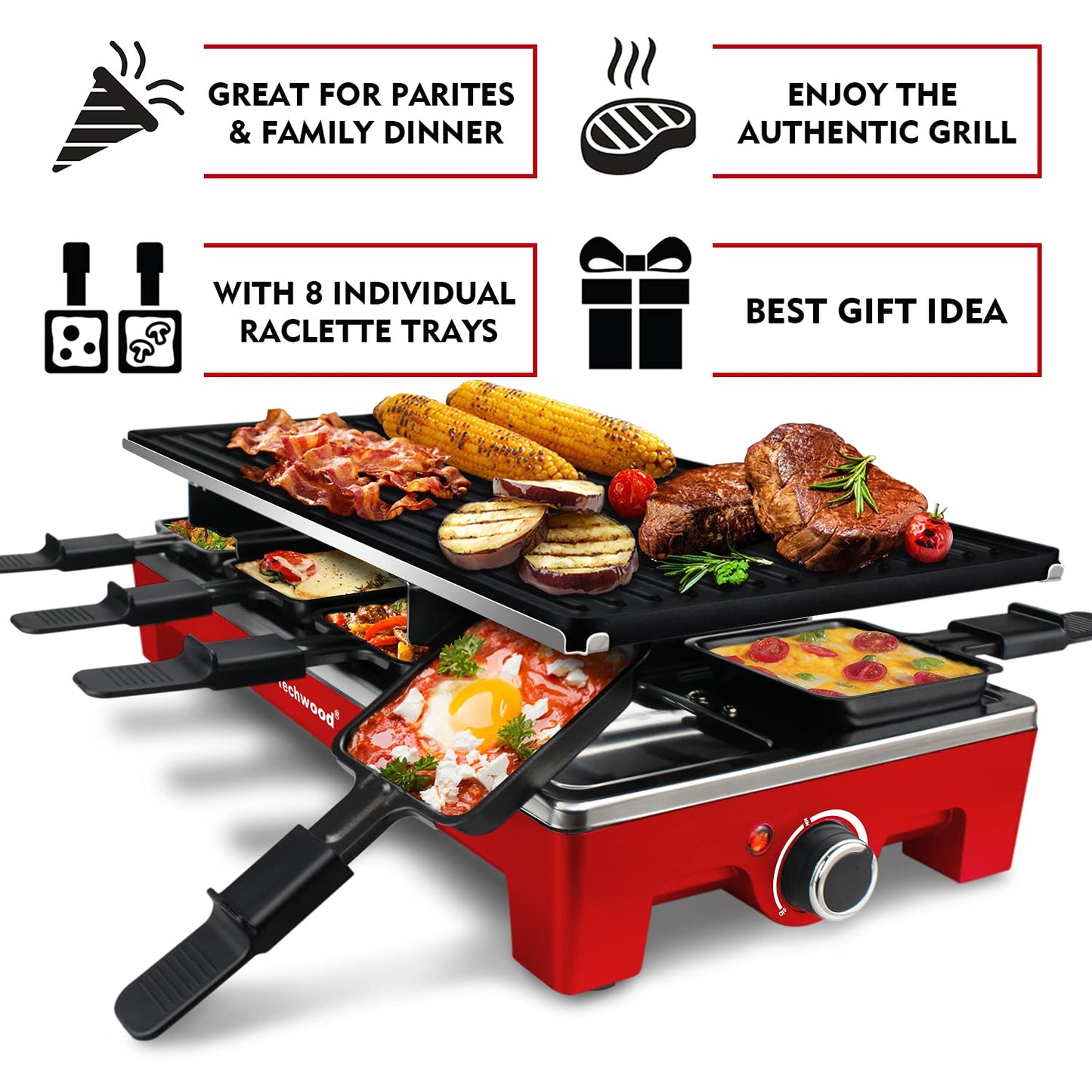 Techwood 1500W Indoor Table Grill with 8 Cheese Melting Pans(Red)