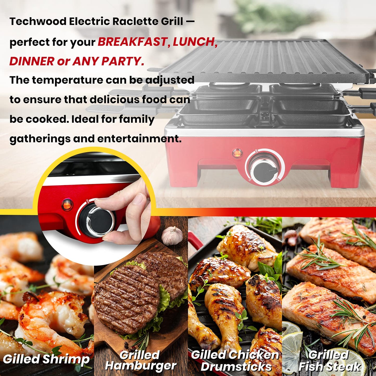 Techwood Raclette Grill, Electric Table Indoor Grill Korean BBQ Grill, Removable 2-in-1 Non-Stick Grill Plate, 1500W Fast Heating with Nonstick Griddle Serves up to 8 People for Parties and Family Fun(Red)