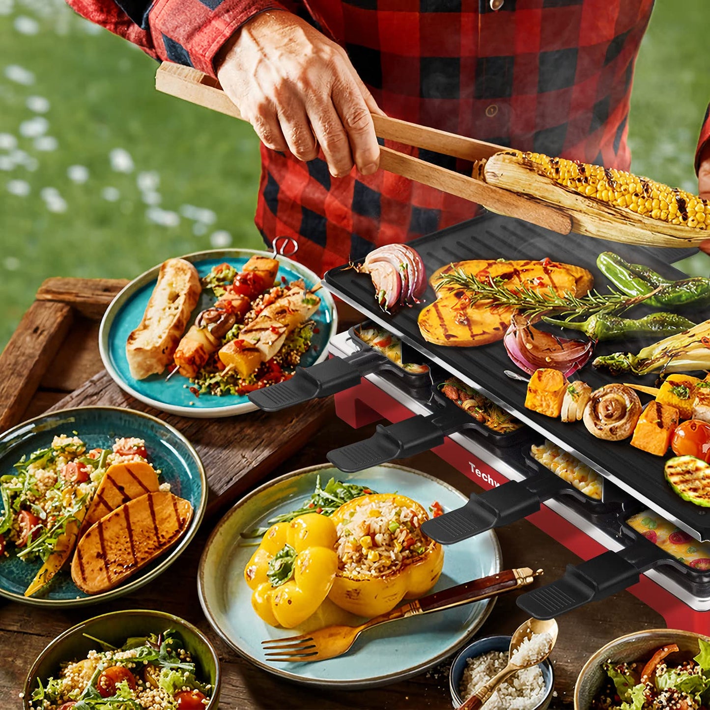 Techwood Raclette Grill, Electric Table Indoor Grill Korean BBQ Grill, Removable 2-in-1 Non-Stick Grill Plate, 1500W Fast Heating with Nonstick Griddle Serves up to 8 People for Parties and Family Fun(Red)