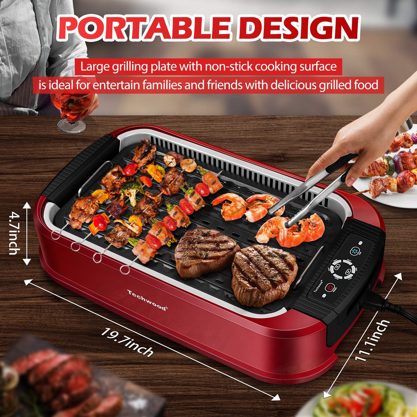 Techwood 1500W Indoor Smokeless Grill with non-stick grill plate(Red)