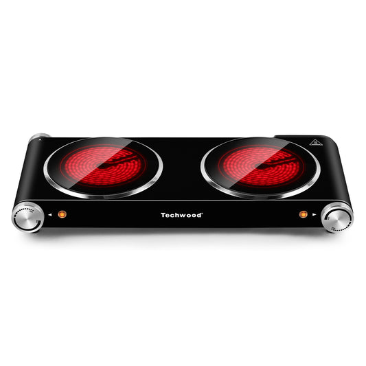 Techwood 1800W Electric Hot Plate Cooktop for Cooking,Infrared Ceramic Countertop Stove Top 2 Burners,Stainless Steel Portable Electric Burner,Knob Control,Easy To Clean(Black)