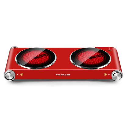 Techwood 1800W Electric Hot Plate Cooktop for Cooking,Infrared Ceramic Countertop Stove Top 2 Burners,Stainless Steel Portable Electric Burner,Knob Control,Easy To Clean(Red)