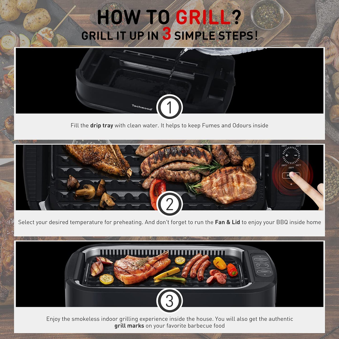 Techwood 1500W Indoor Smokeless Grill with Tempered Glass Lid(Black)