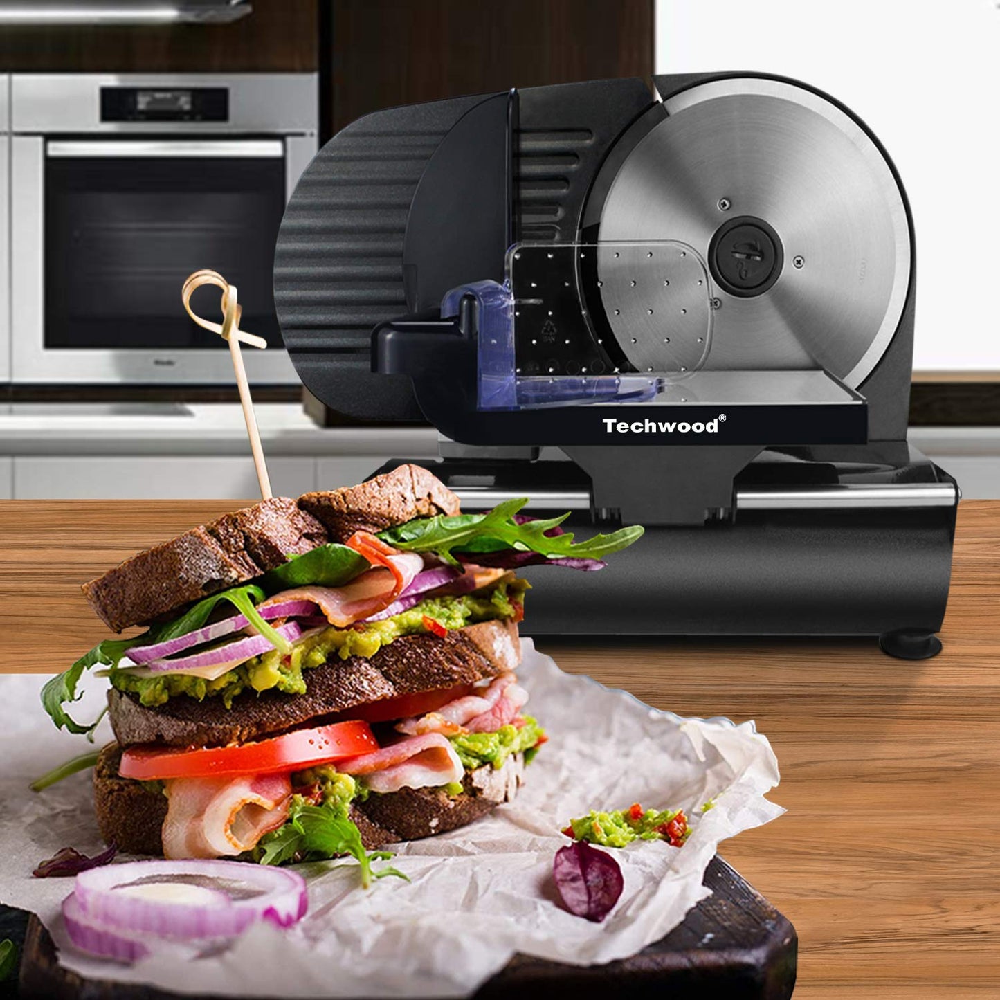 Techwood Meat Slicer, Electric Deil Food Slicer with 9" Removable Stainless Steel Blade, Deli Cheese Fruit Vegetable Bread Cutter with Adjustable Knob for Thickness, Child Lock - For Home Use(Black Single Blade)