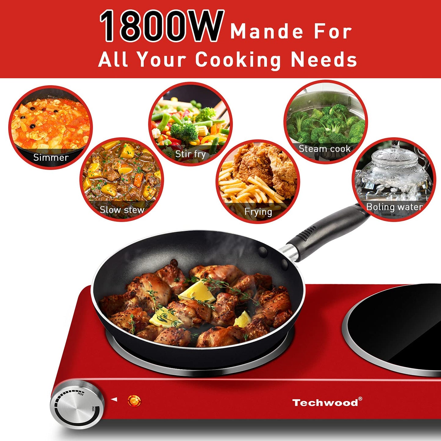 Techwood 1800W Electric Hot Plate Cooktop for Cooking,Infrared Ceramic Countertop Stove Top 2 Burners,Stainless Steel Portable Electric Burner,Knob Control,Easy To Clean(Red)