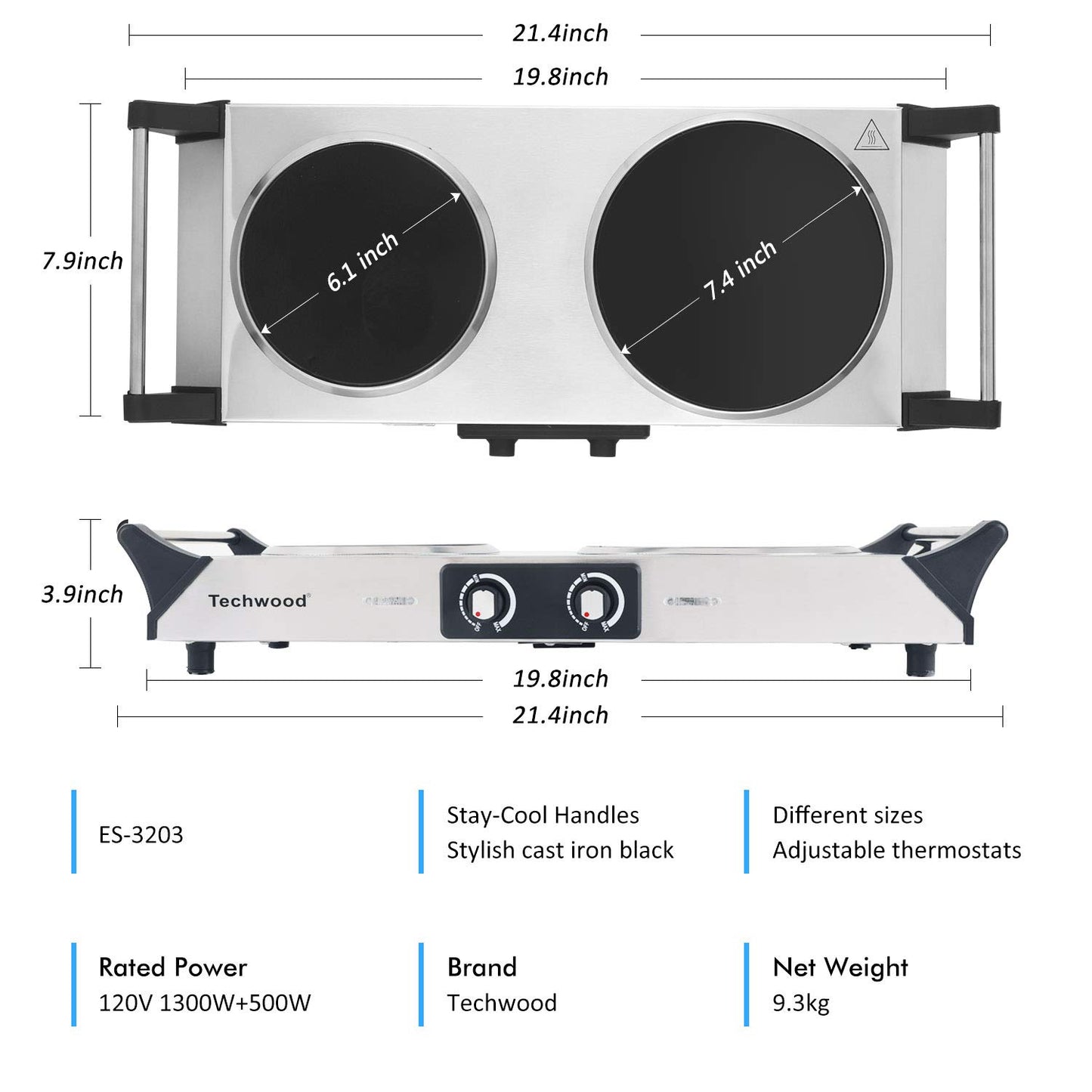 Techwood 1800W Dual Control Infrared Ceramic Electric Hot Plate with Anti-Scald Handle(Silver)