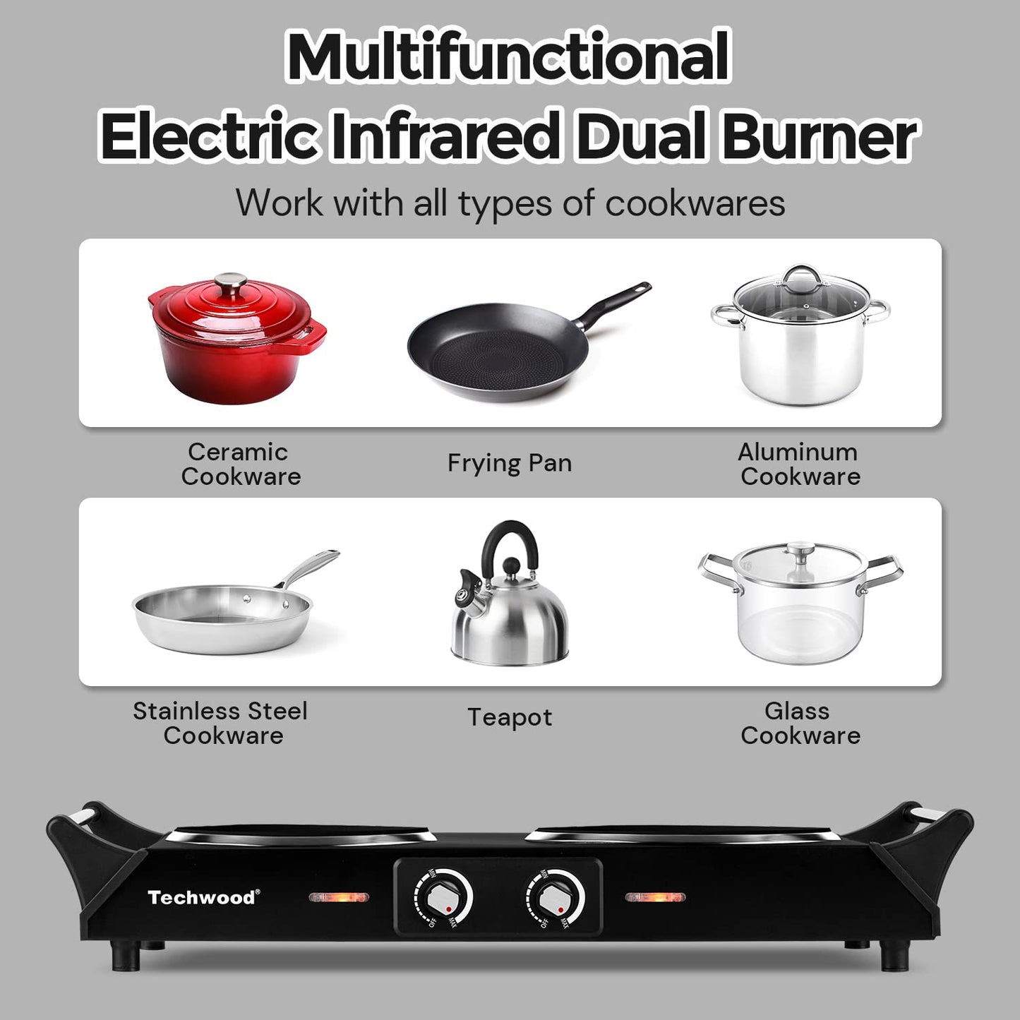 Techwood 1800W Dual Control Infrared Ceramic Electric Hot Plate with Anti-Scald Handle, Dual Electric Stove Burners, Techwood Electric Cooktop, Techwood Double Burner for Cooking(Black)