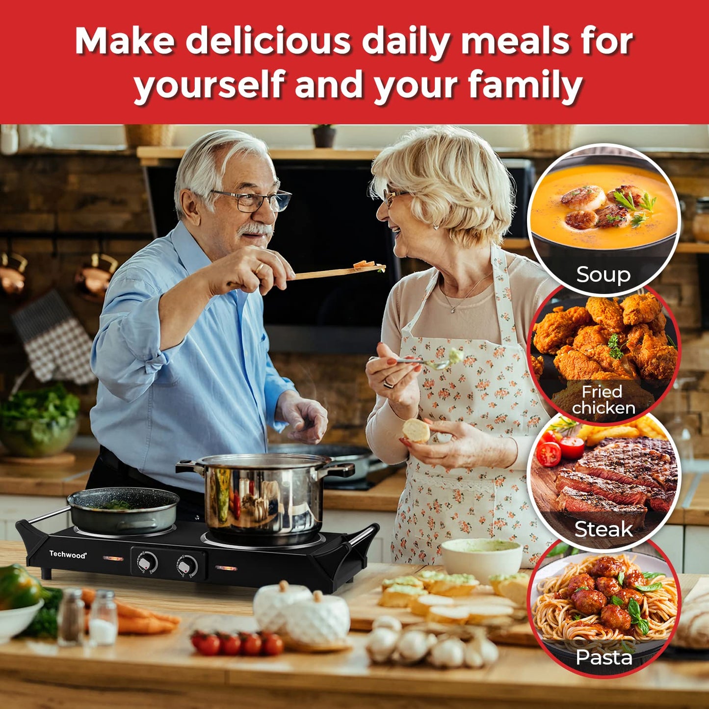 Techwood 1800W Dual Control Infrared Ceramic Electric Hot Plate with Anti-Scald Handle, Dual Electric Stove Burners, Techwood Electric Cooktop, Techwood Double Burner for Cooking(Black)