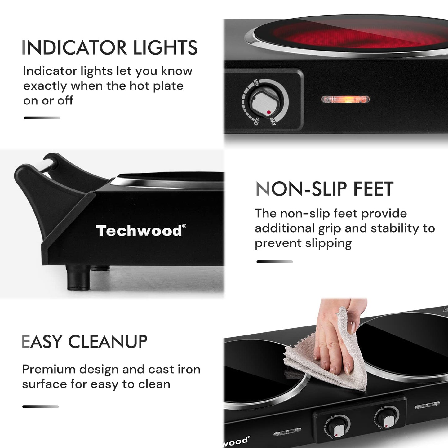 Techwood 1800W Dual Control Infrared Ceramic Electric Hot Plate with Anti-Scald Handle, Dual Electric Stove Burners, Techwood Electric Cooktop, Techwood Double Burner for Cooking(Black)