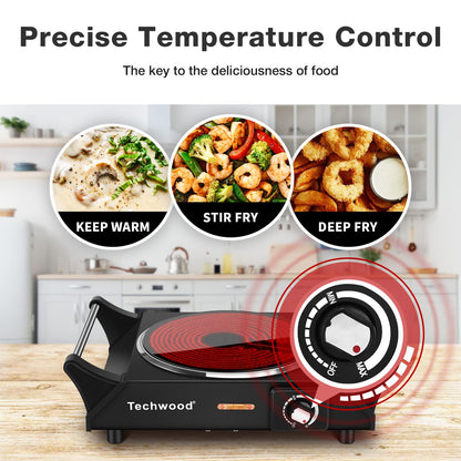 Techwood 1200W Infrared Ceramic 7.5" Glass Single Hot Plate with Stay Cool Handle(Black)