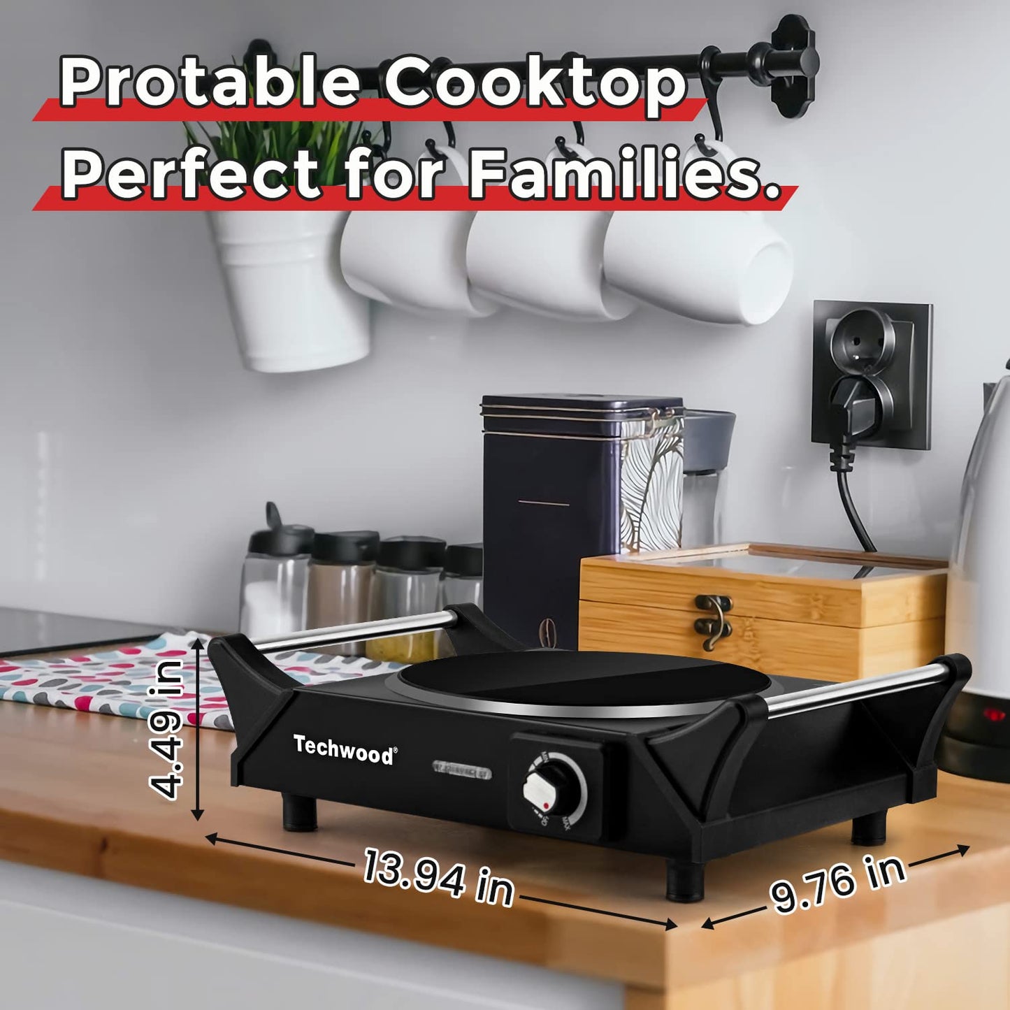 Techwood 1200W Infrared Ceramic 7.5" Glass Single Hot Plate with Stay Cool Handle(Black)