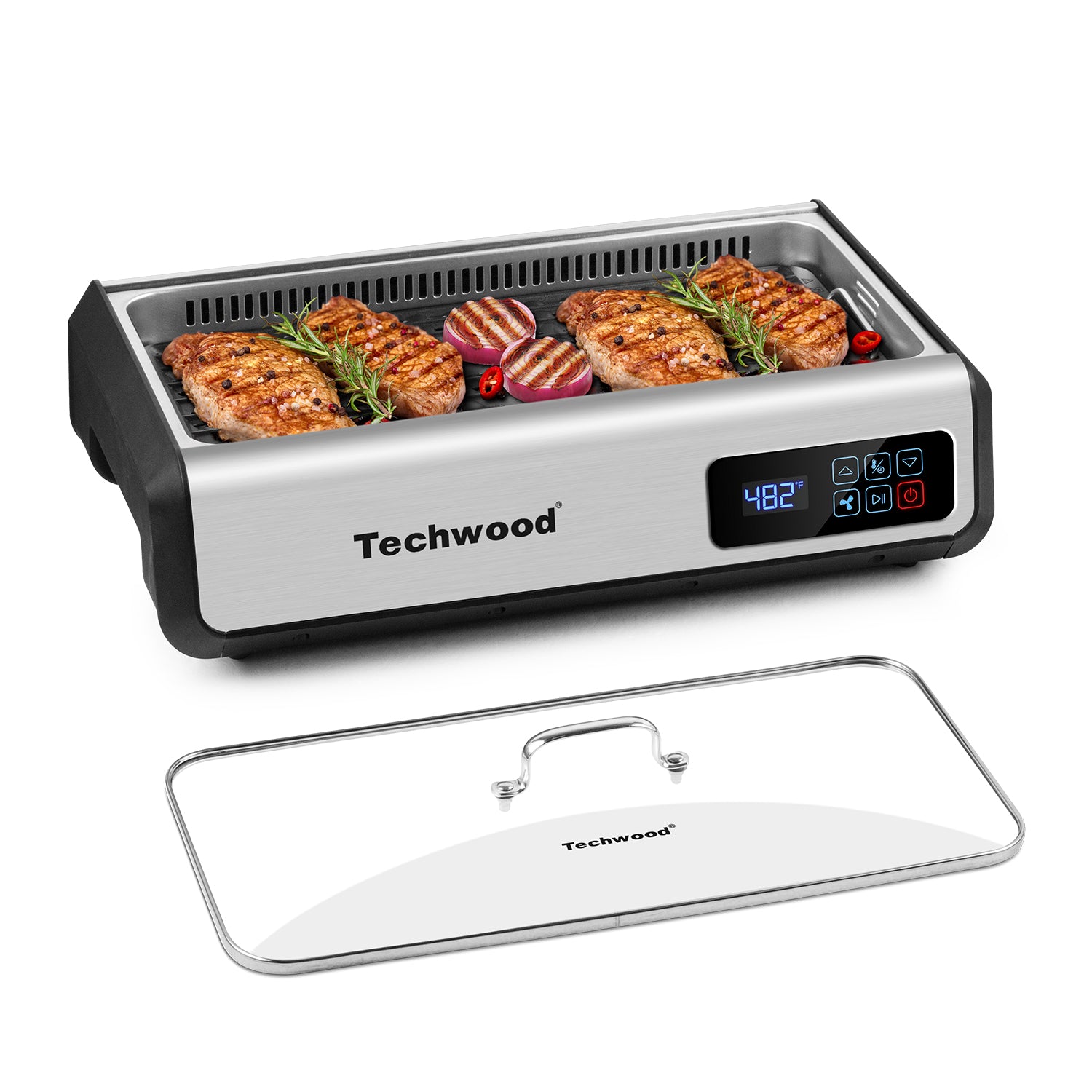 Indoor Smokeless Grill Techwood 1500W Electric Grill with Tempered Glass  Lid & LED Smart Control Panel, 8-Level Control Korean BBQ Grill with