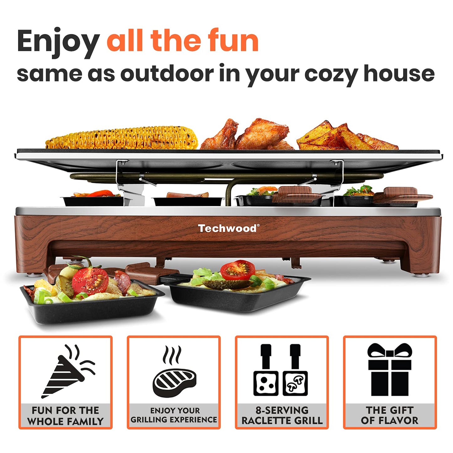 Techwood 1500W Indoor Table Grill with 8 Cheese Melting Pans(Brown)