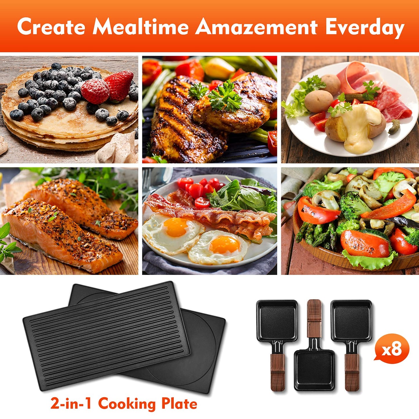 Techwood 1500W Indoor Table Grill with 8 Cheese Melting Pans(Brown)