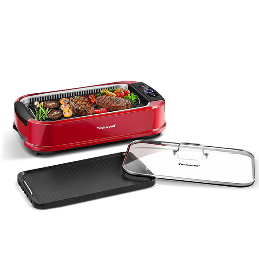 Techwood 1500W Electric Indoor Grill with Tempered Glass Lid, Compact & Portable Non-stick BBQ Grill, Turbo Smoke Extractor Technology, Drip Tray& Double Removable Plate(Red)