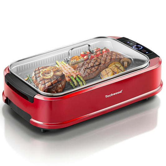 SP Techwood Indoor Smokeless Grill,1500W Electric BBQ Grill with Temperature Control, Korean Grill Removable Grill & Griddle Plates, Tempered Glass Lid, Dishwasher Safe(Red)