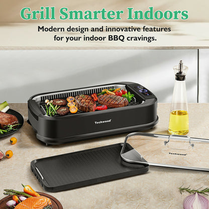 Techwood 1500W Smokeless Electric Grill with Non-Stick Grill Plates, Indoor Grill with Temperature Control, Tempered Glass Lid, Dishwasher-Safe