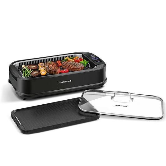 Techwood 1500W Smokeless Electric Grill with Non-Stick Grill Plates, Indoor Grill with Temperature Control, Tempered Glass Lid, Dishwasher-Safe