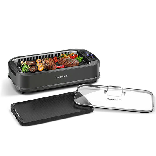 Techwood Indoor Smokeless Grill, 1500W Electric BBQ Grill with Temperature Control, Korean Grill Removable Grill & Griddle Plates, Tempered Glass Lid, Dishwasher Safe