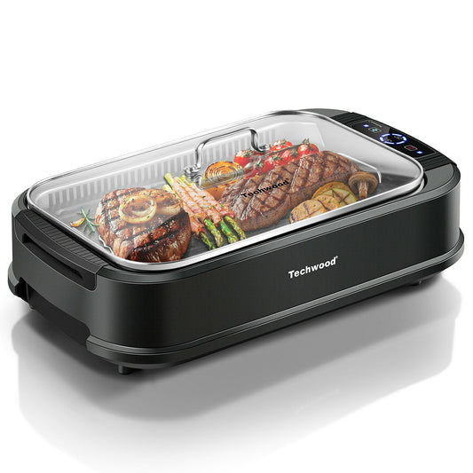 Techwood 1500W Indoor Smokeless Electric Grill – Korean BBQ with Adjustable Temp, Removable Nonstick Plates (Grill & Griddle), Tempered Glass Lid
