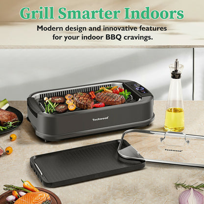 Techwood Indoor Smokeless Grill, 1500W Electric BBQ Grill with Temperature Control, Korean Grill Removable Grill & Griddle Plates, Tempered Glass Lid, Dishwasher Safe