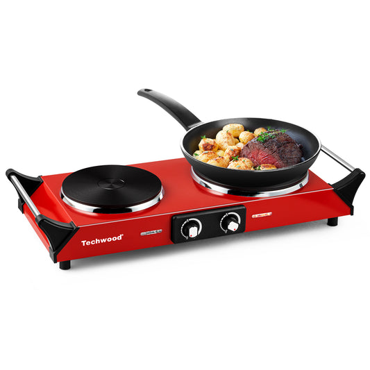 Techwood 1800W Stainless Steel Dual Hot Plate with Stay Cool Handles, Stainless Steel Hot Plate for Kitchen, Dorm, and Camping(Red)