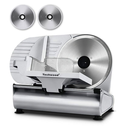 Techwood Meat Slicer, Electric Deil Food Slicer with 9" Removable Stainless Steel Blade, Deli Cheese Fruit Vegetable Bread Cutter with Adjustable Knob for Thickness, Child Lock - For Home Use(Silver Double Blade)