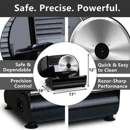 Techwood 9” Stainless Steel Blade Food Slicer with Adjustable Thickness, Removable Blade, Non-Slip Feet, Perfect for Cheese, Bread, Fruits & Vegetables