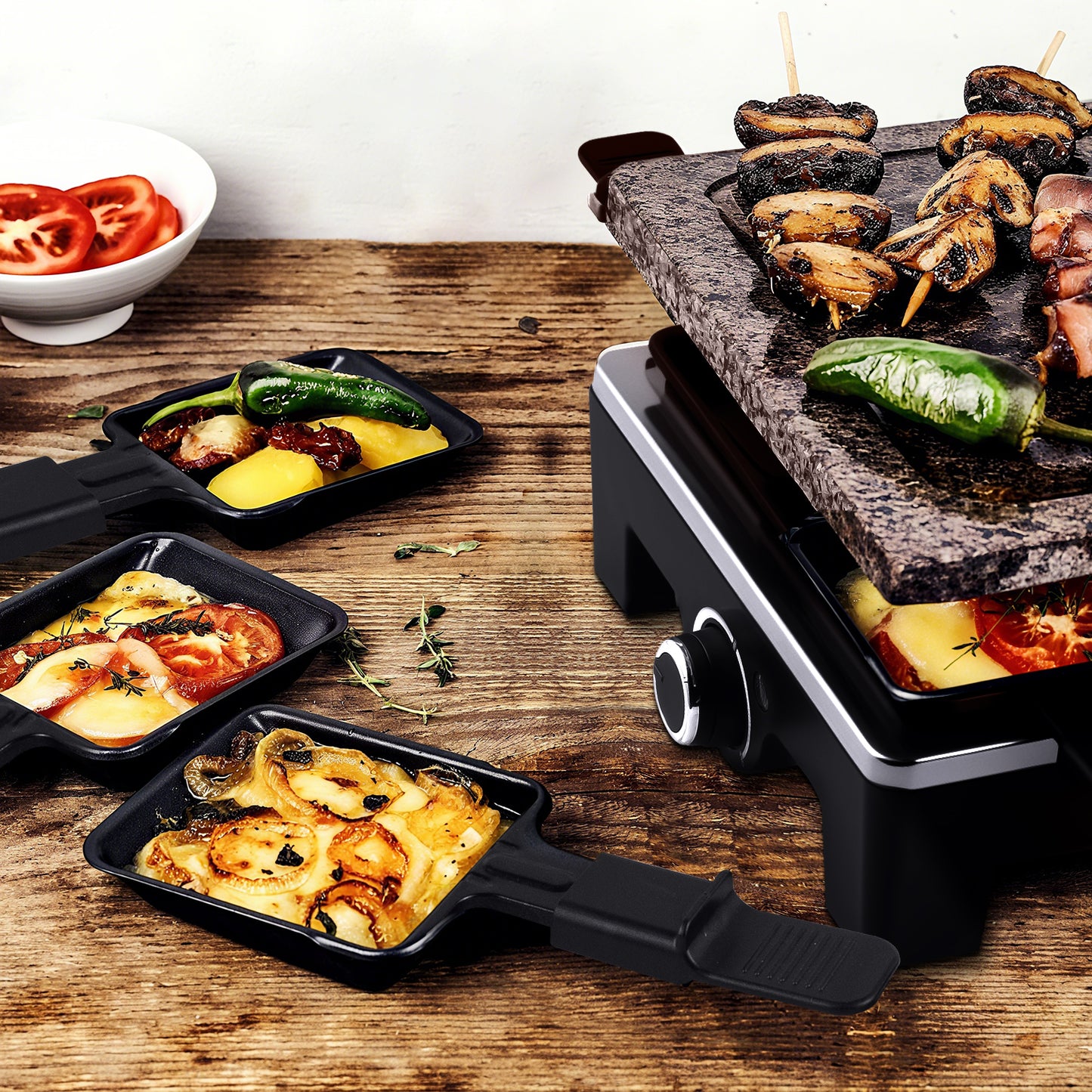 Techwood 1500W Electric Raclette Table Grill – Korean BBQ Indoor Grill with Removable 2-in-1 Non-Stick Plates, 8 Cheese Melt Pans, Quick Heating, Perfect for Family Parties and Gatherings