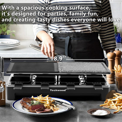 Techwood 1500W Electric Raclette Table Grill – Korean BBQ Indoor Grill with Removable 2-in-1 Non-Stick Plates, 8 Cheese Melt Pans, Quick Heating, Perfect for Family Parties and Gatherings