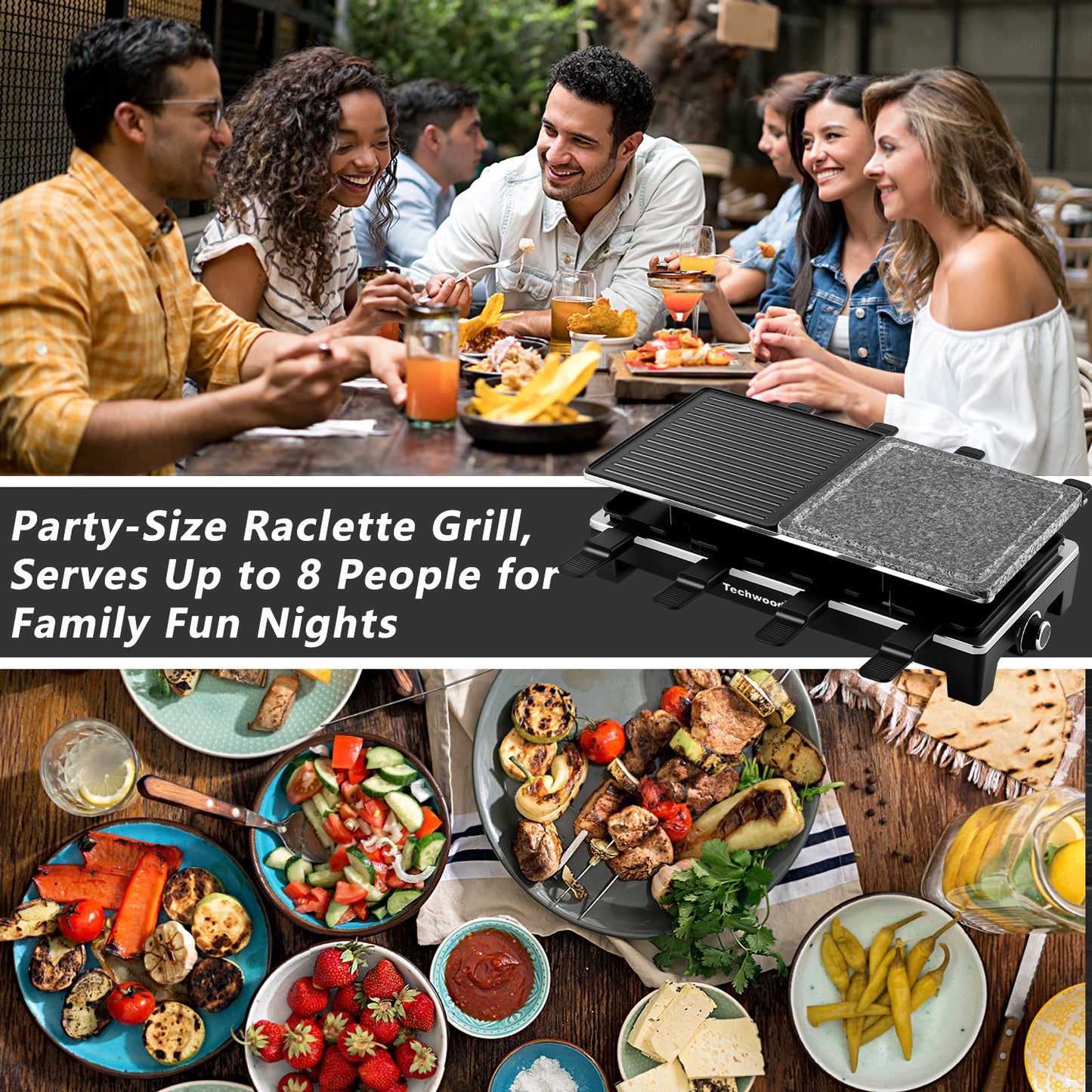 Techwood 1500W Electric Raclette Table Grill – Korean BBQ Indoor Grill with Removable 2-in-1 Non-Stick Plates, 8 Cheese Melt Pans, Quick Heating, Perfect for Family Parties and Gatherings