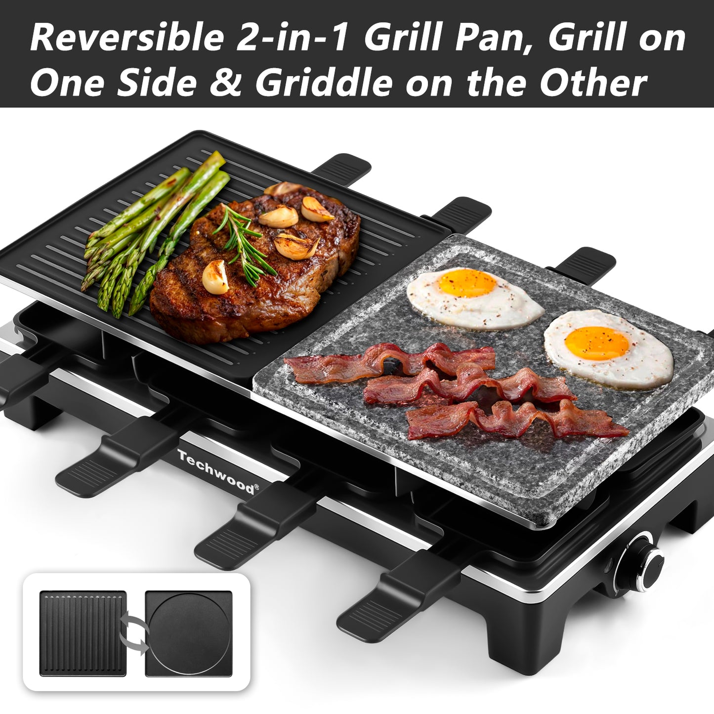 Techwood 1500W Electric Raclette Table Grill – Korean BBQ Indoor Grill with Removable 2-in-1 Non-Stick Plates, 8 Cheese Melt Pans, Quick Heating, Perfect for Family Parties and Gatherings