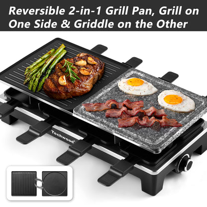 Techwood 1500W Electric Raclette Table Grill – Korean BBQ Indoor Grill with Removable 2-in-1 Non-Stick Plates, 8 Cheese Melt Pans, Quick Heating, Perfect for Family Parties and Gatherings