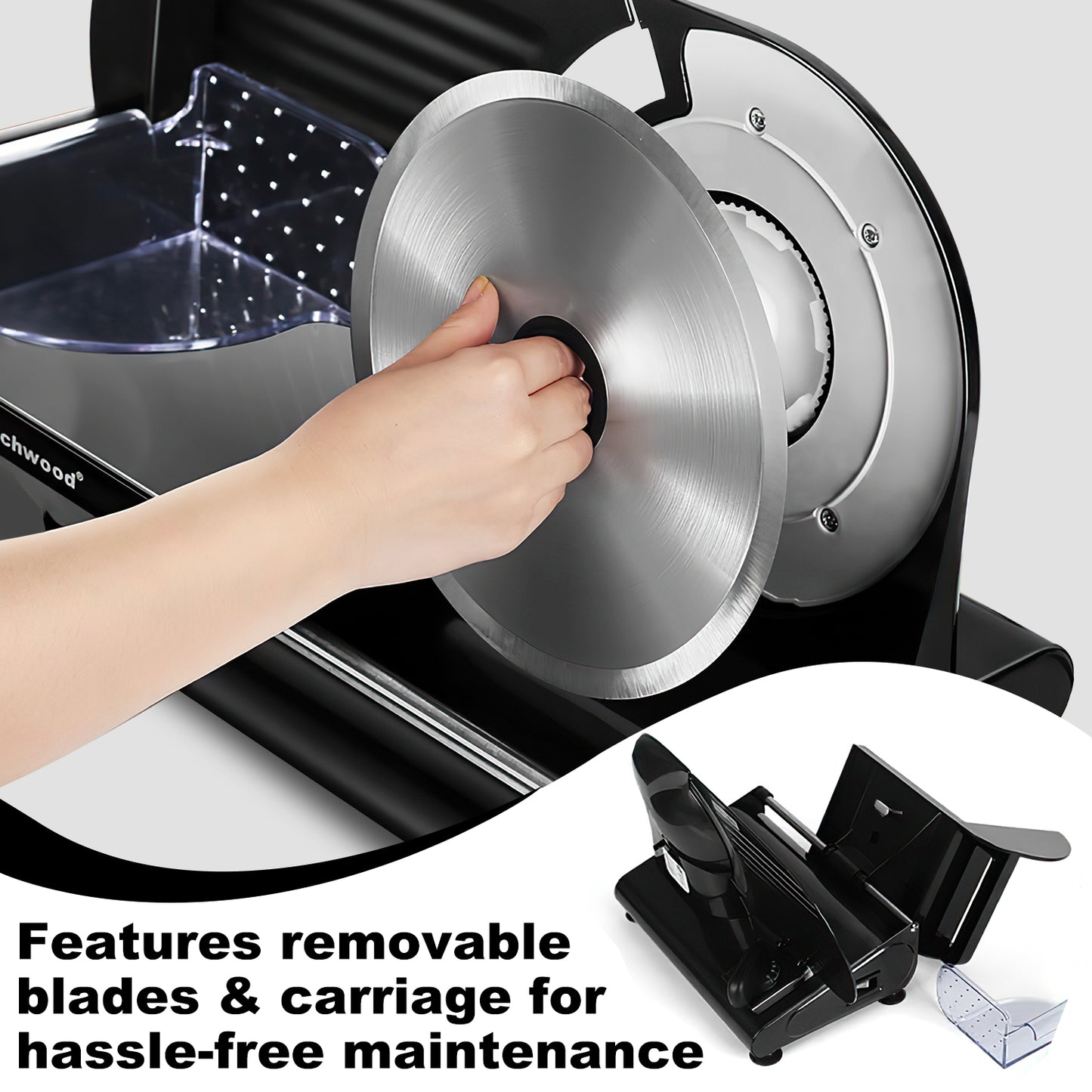 Techwood 9” Stainless Steel Blade Food Slicer with Adjustable Thickness, Removable Blade, Non-Slip Feet, Perfect for Cheese, Bread, Fruits & Vegetables