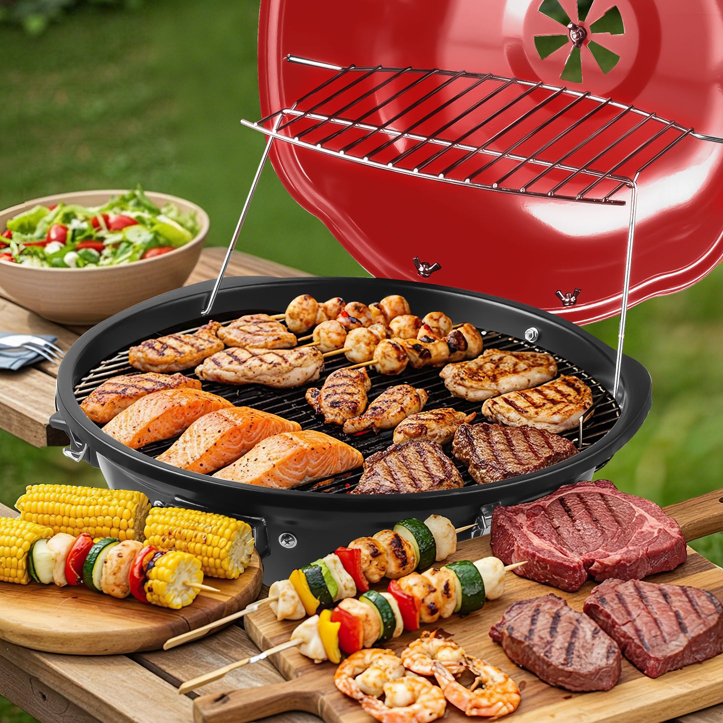 Techwood Electric BBQ Grill,1600WTabletop Grill, Double Layer Design, Portable Removable Grill, Indoor/Outdoor Electric Grill for Indoor & Outdoor Use(Red)