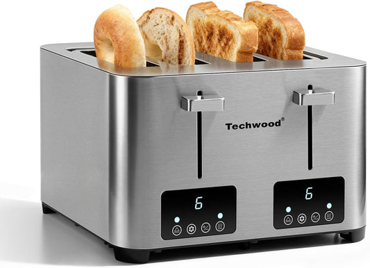 Techwood 4 Slice Stainless Steel Toaster with Extra Wide Slots, LED Display & 6 Shade Settings, Ideal for Bagels, Waffles & Thick Bread, Defrost/Cancel Functions, Removable Crumb Trays, 1500W