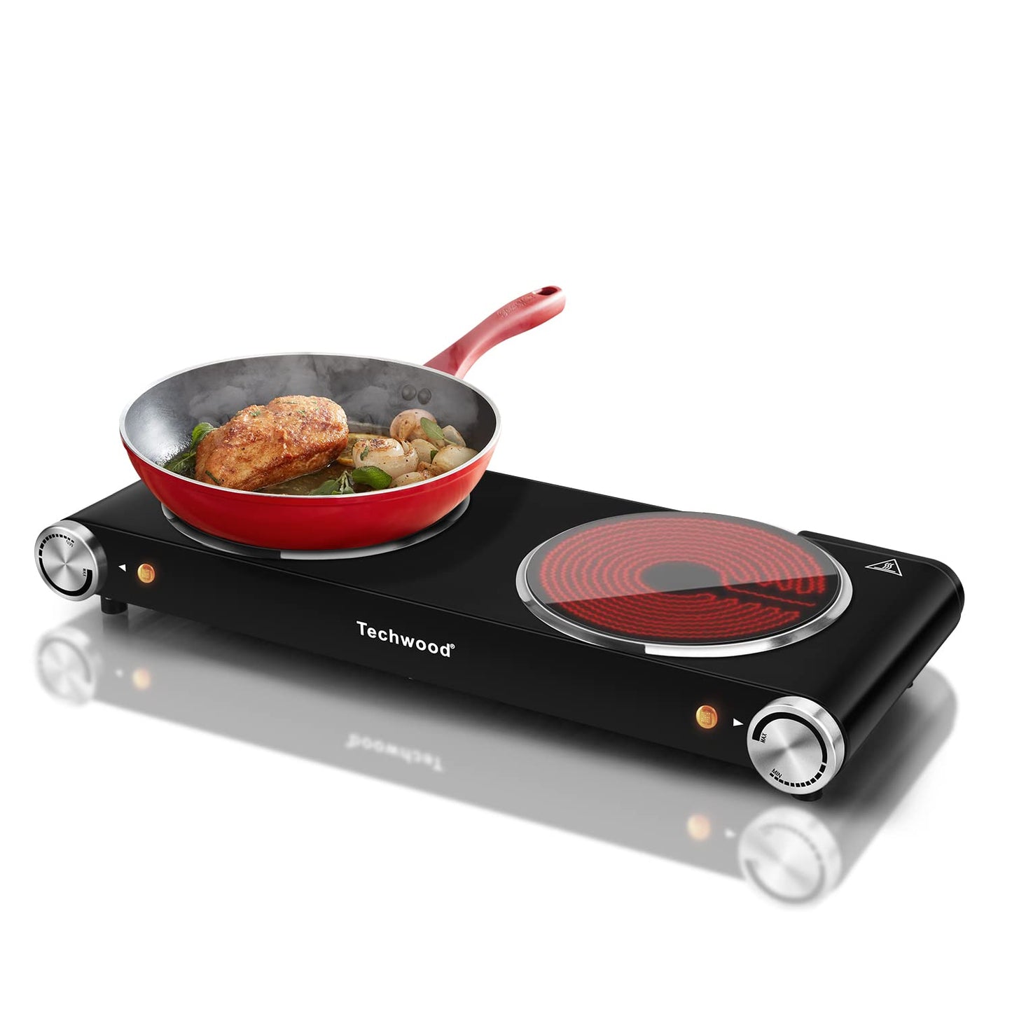 SP Techwood 1800W Electric Hot Plate Cooktop for Cooking, Infrared Ceramic Countertop Stove Top 2 Burners, Stainless Steel Portable Electric Burner, Knob Control, Easy To Clean(Black)