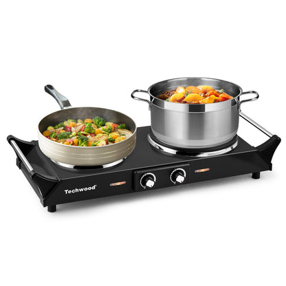 Techwood 1800W Stainless Steel Dual Hot Plate with Stay Cool Handles, Stainless Steel Hot Plate for Kitchen, Dorm, and Camping(Black)