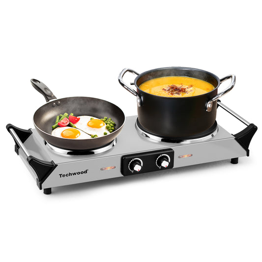 Techwood 1800W Stainless Steel Dual Hot Plate with Stay Cool Handles, Stainless Steel Hot Plate for Kitchen, Dorm, and Camping(Silver)