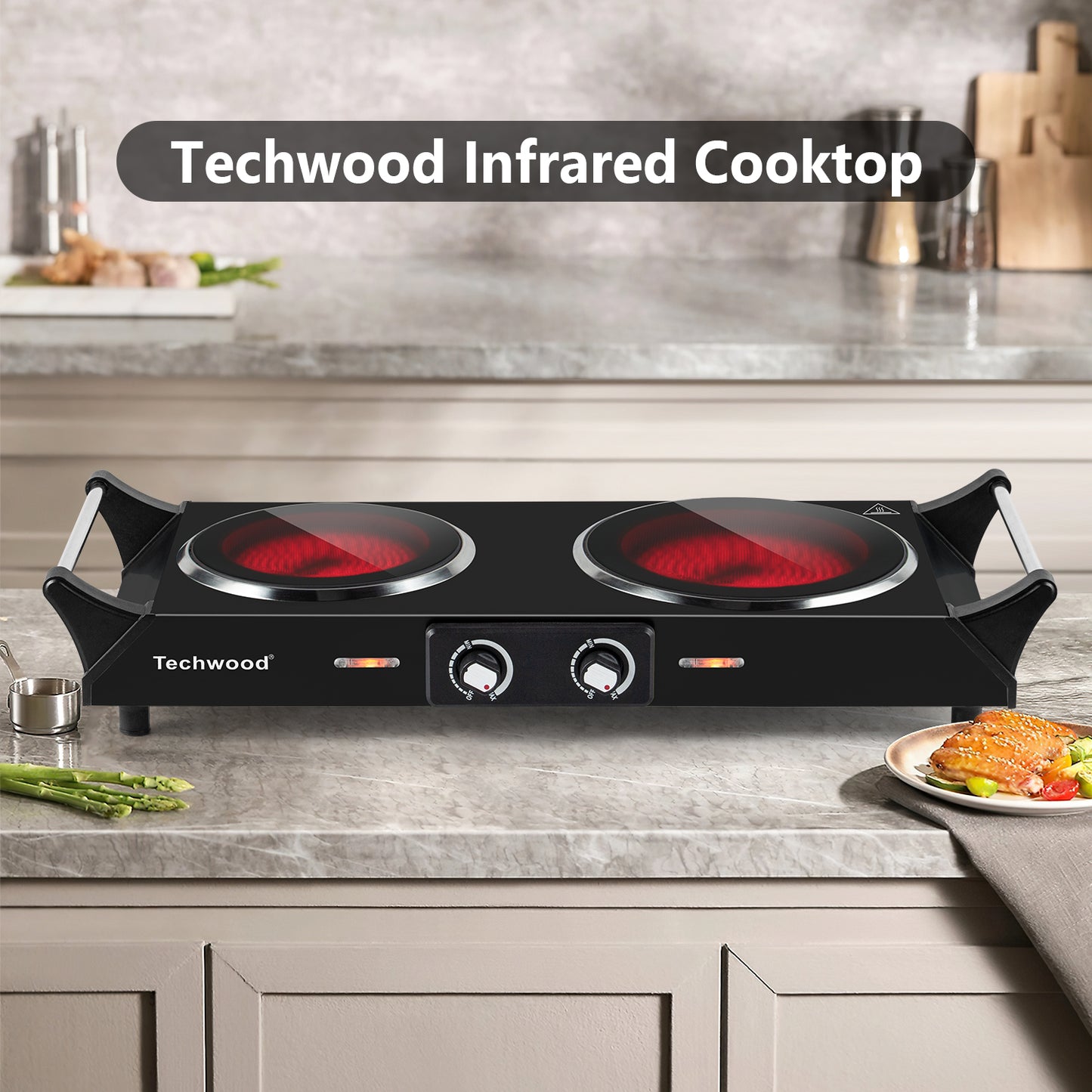 Techwood 1800W Dual Control Infrared Ceramic Electric Hot Plate with Anti-Scald Handle, Dual Electric Stove Burners, Techwood Electric Cooktop, Techwood Double Burner for Cooking(Black)