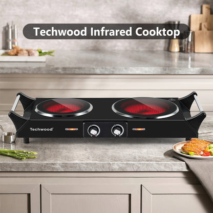 Techwood 1800W Dual Control Infrared Ceramic Electric Hot Plate with Anti-Scald Handle, Dual Electric Stove Burners, Techwood Electric Cooktop, Techwood Double Burner for Cooking(Black)