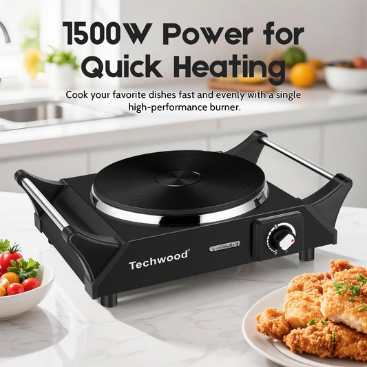 Hot Plate,Techwood Electric Stove for Cooking,1500 Watts Electric Hot Plate,Temperature Controls,Power Indicator Lights,Easy to Clean(Black)