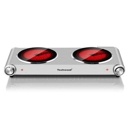 Techwood 1800W Electric Hot Plate Cooktop for Cooking, Infrared Ceramic Countertop Stove Top 2 Burners, Stainless Steel Portable Electric Burner, Knob Control, Easy To Clean(Silver)