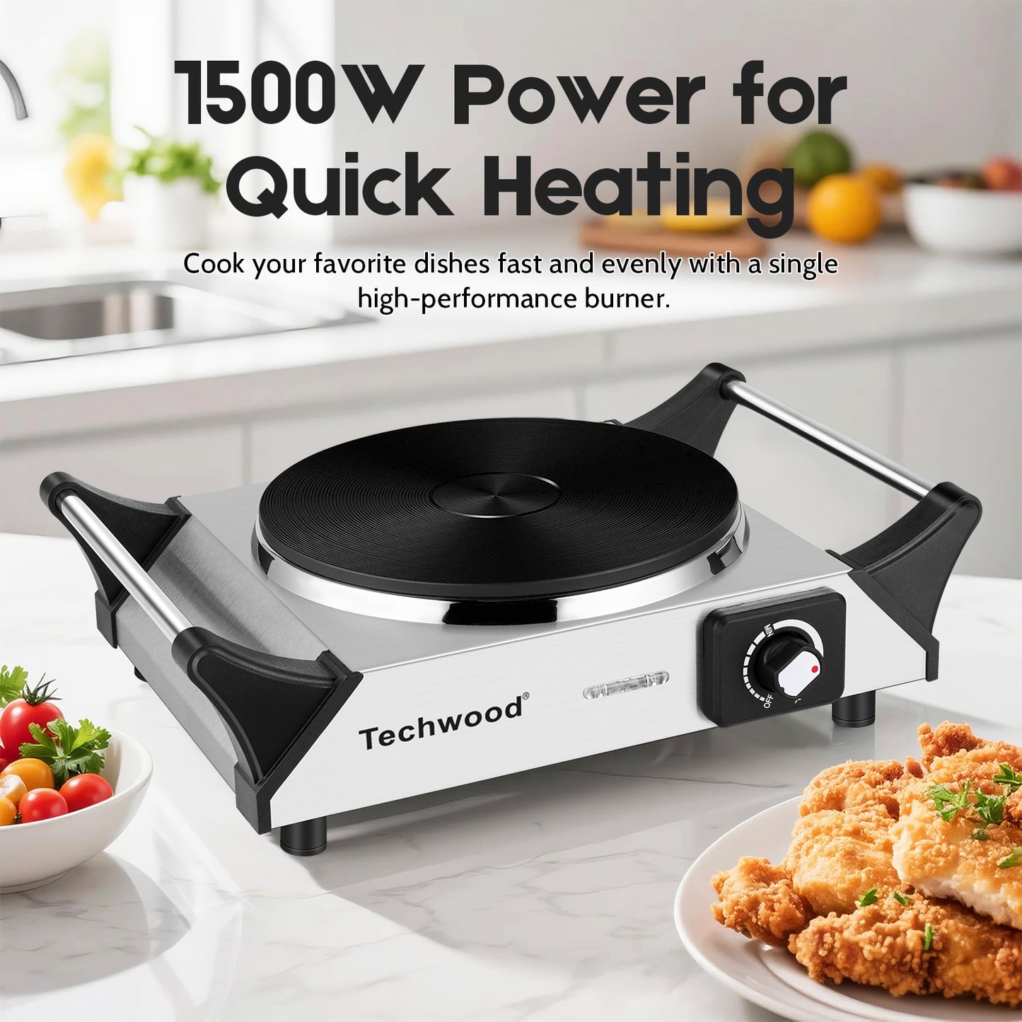 Techwood Hot Plate, Electric Stove for Cooking,1500 Watts Electric Hot Plate, Power Indicator Lights, Easy to Clean, Temperature Controls(Silver)