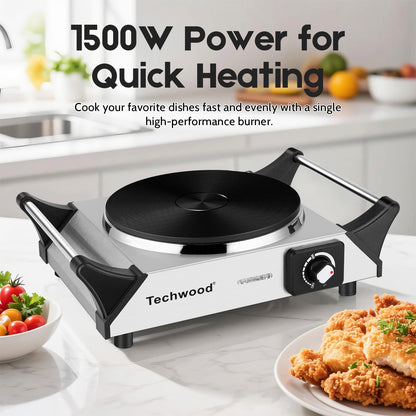 Techwood Hot Plate, Electric Stove for Cooking,1500 Watts Electric Hot Plate, Power Indicator Lights, Easy to Clean, Temperature Controls(Silver)